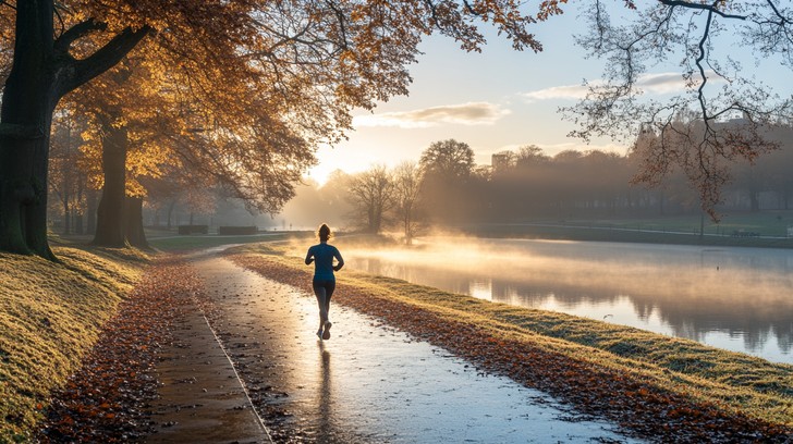 Morning brisk walk along a scenic tree-lined trail